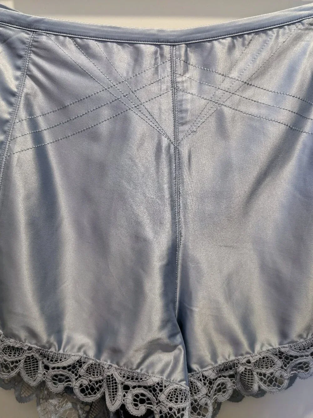 Palindrome Icy-Blue Satin High-Waisted Shorts with Lace Trim Size Medium